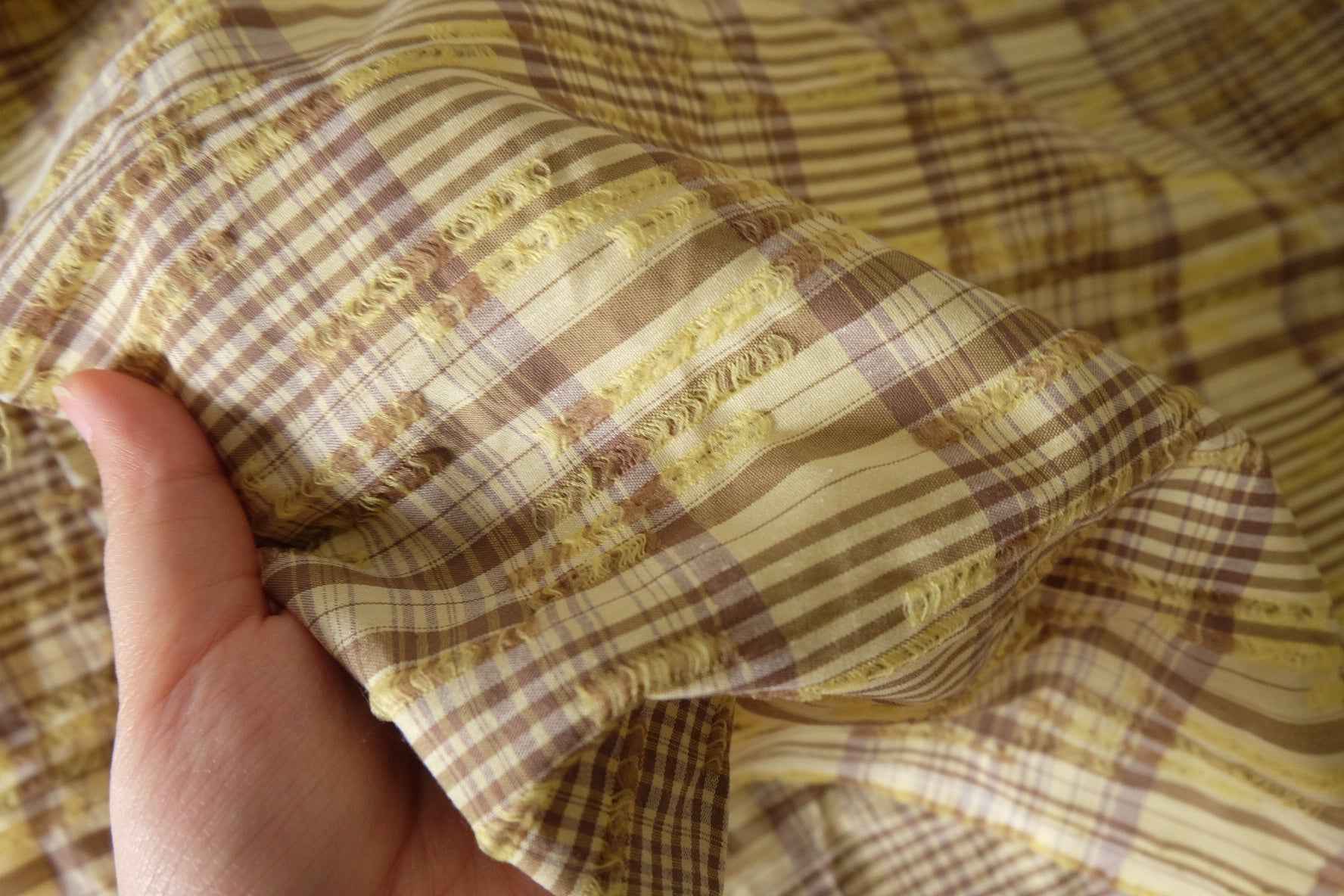 Yellow & Brown Fringed Plaid Cotton Fabric – 2.7 yd