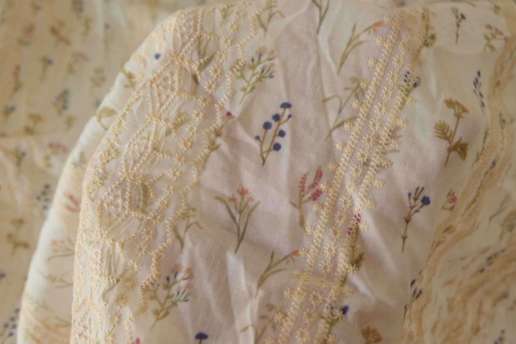 Floral Embroidered Cotton Linen Fabric – Cream with Lace Stripe Detail – 2.2 yd