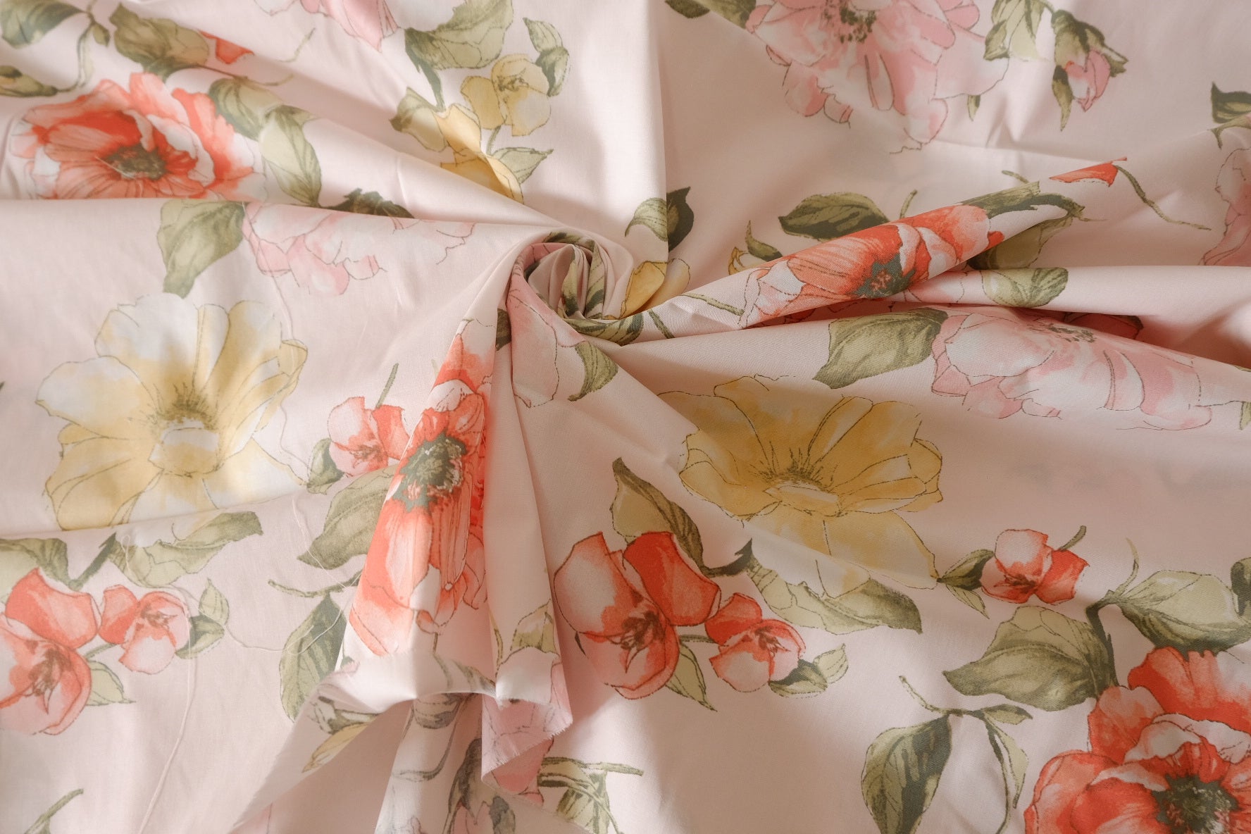Soft Pink Watercolor Floral Cotton Poplin Fabric – 2.2 Yards