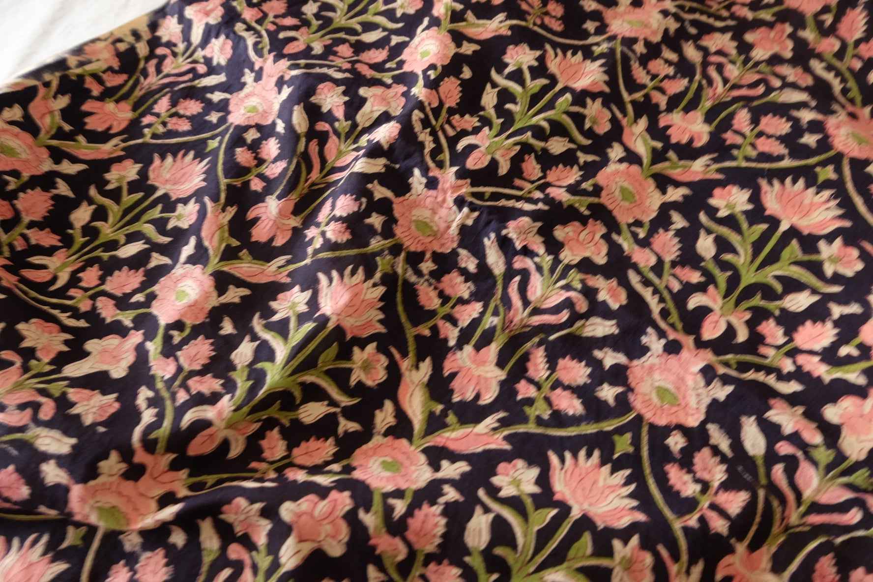 Indian Hand Block Printed Cotton Fabric – Pink Floral Vine on Deep Navy – Sold by the Meter