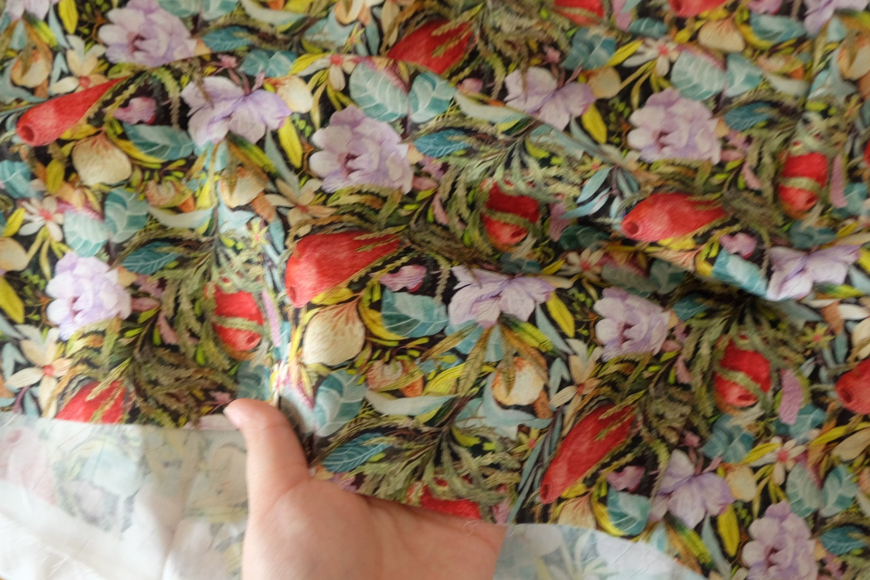 Silky Rayon Satin Fabric – Tropical Botanical Print on Black – 2.2 yd