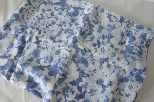 Blue Watercolor Floral Pure Linen Fabric – 2.1 yd