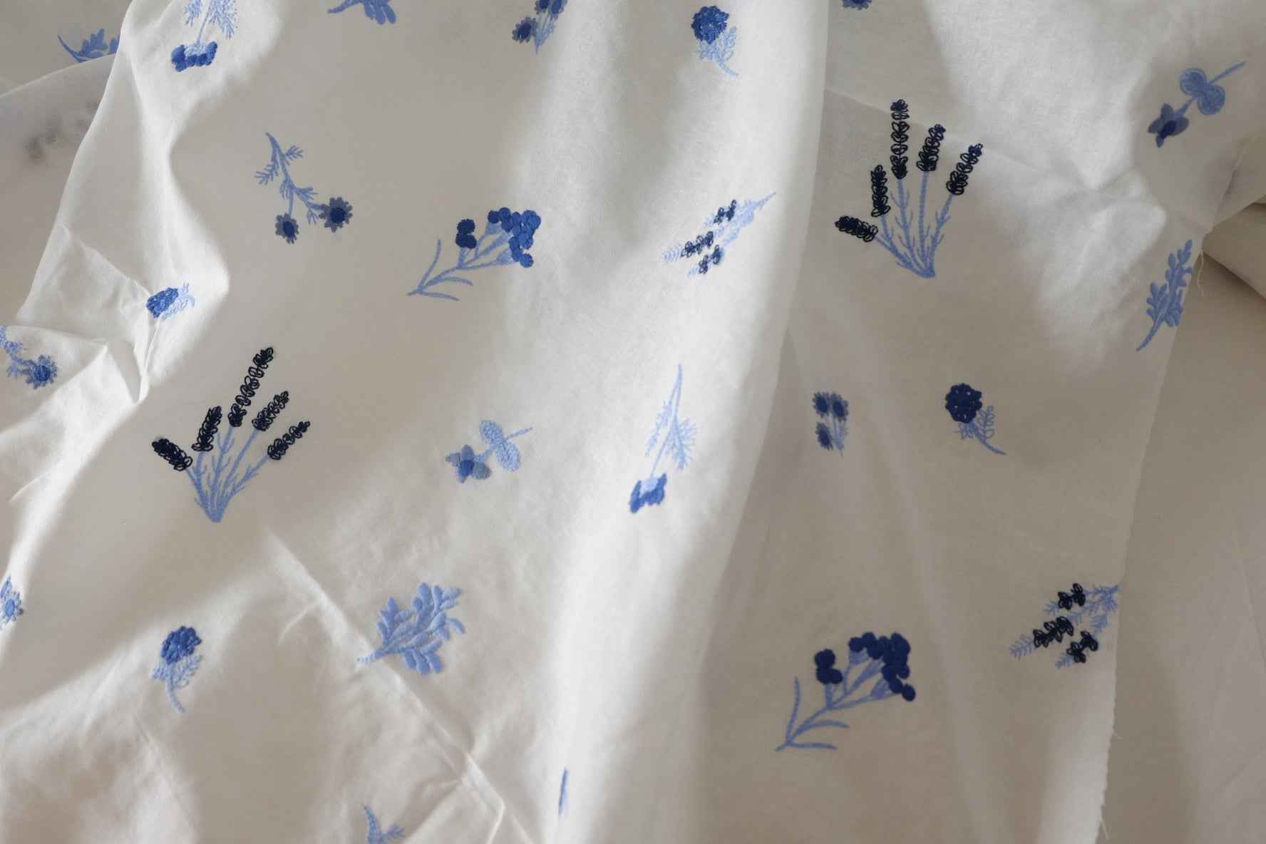 Blue Botanical Embroidered Cotton Linen Fabric – 1.6 yd