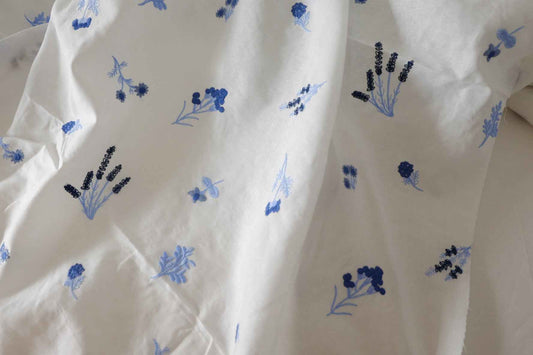 Blue Botanical Embroidered Cotton Linen Fabric – 1.6 yd