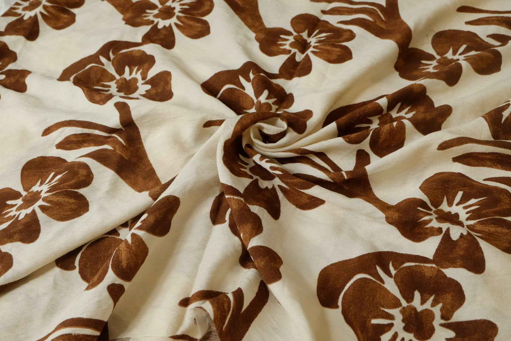 Brown Floral Tencel Cotton Fabric, Soft Opaque Summer Blouse Fabric, 1.51 Yards