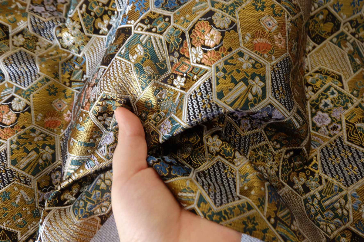 Antique Gold Hexagon Floral Brocade Fabric – 2.2 yd