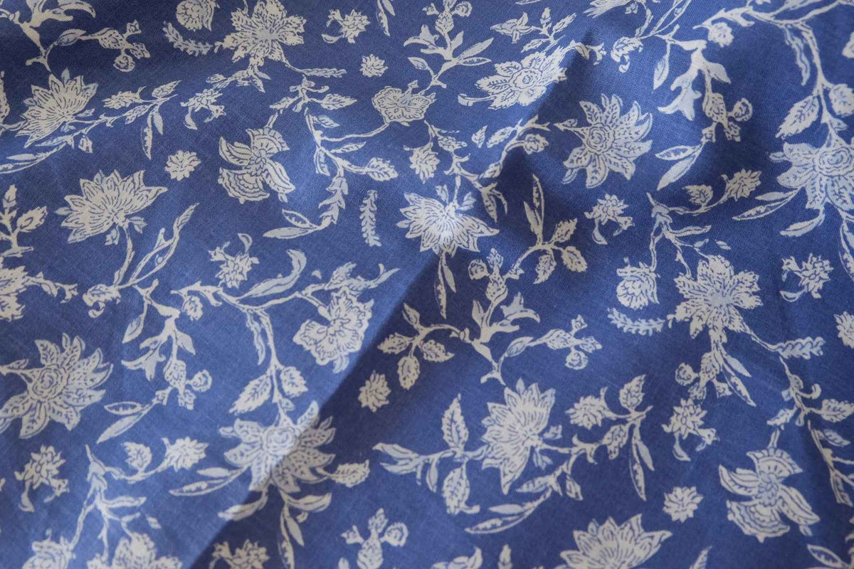 Vintage Blue Botanical Cotton Linen Fabric – 2.2 yd