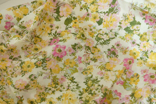 Floral Cotton Voile Fabric – Soft Yellow & Pink Garden Print – 3.3 yd
