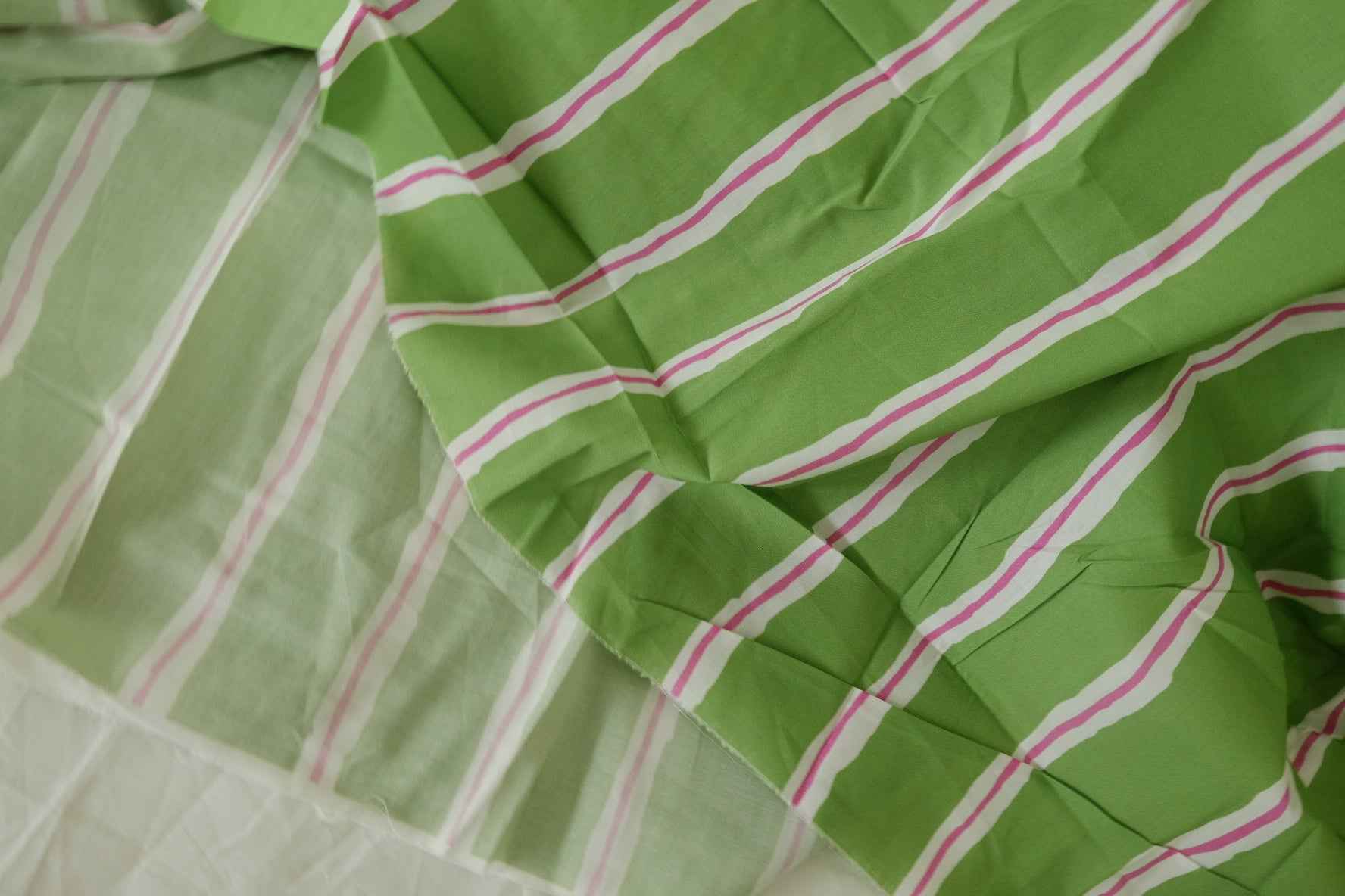 Green Pink Stripe Printed Cotton Lawn Fabric - 1.9 yd