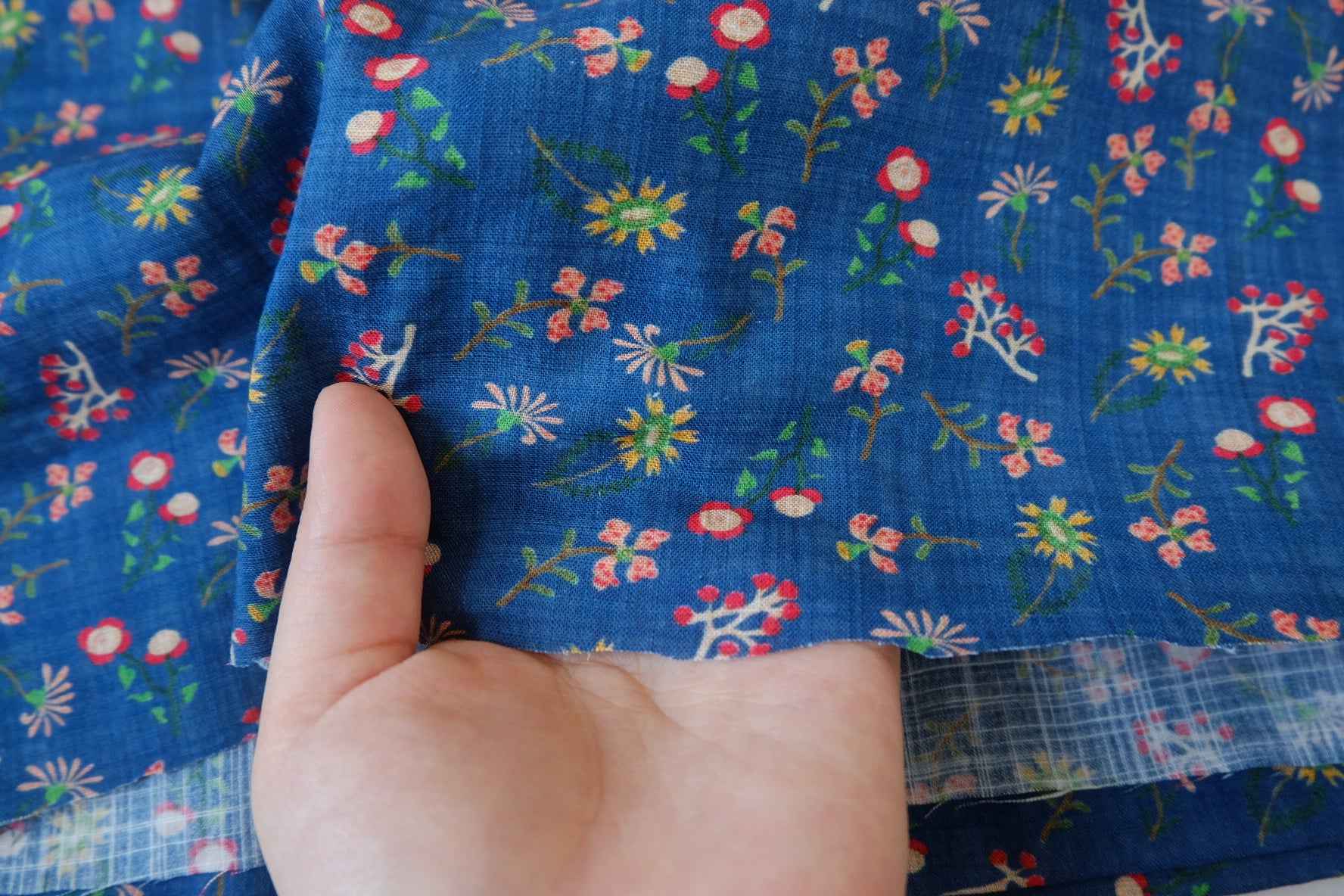 Blue Tiny Floral Cotton Linen Fabric - 1.64 yd