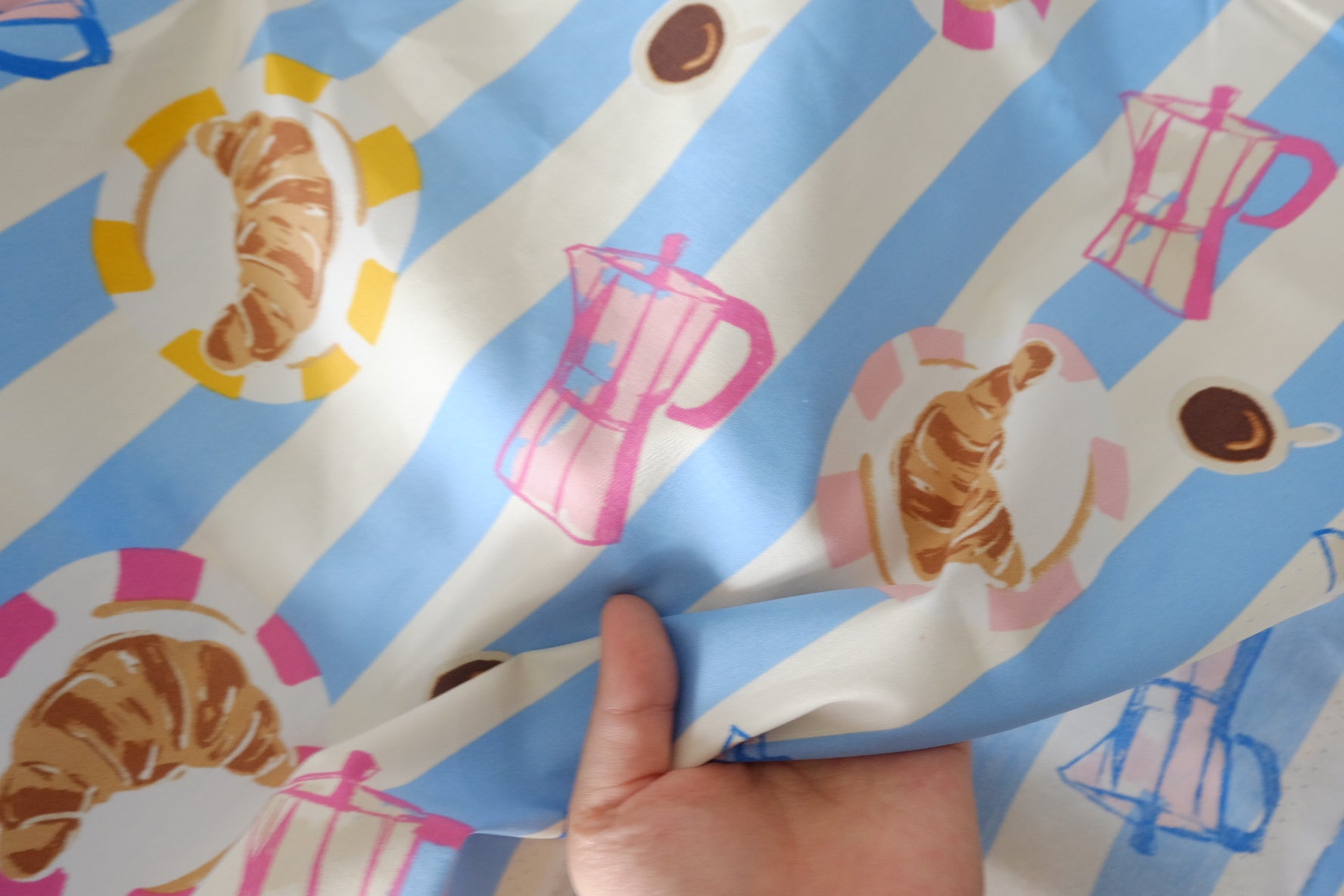 Breakfast Stripe Cotton Lawn Fabric – Croissant & Coffee Print – 1.64 yd or 2.19 yd