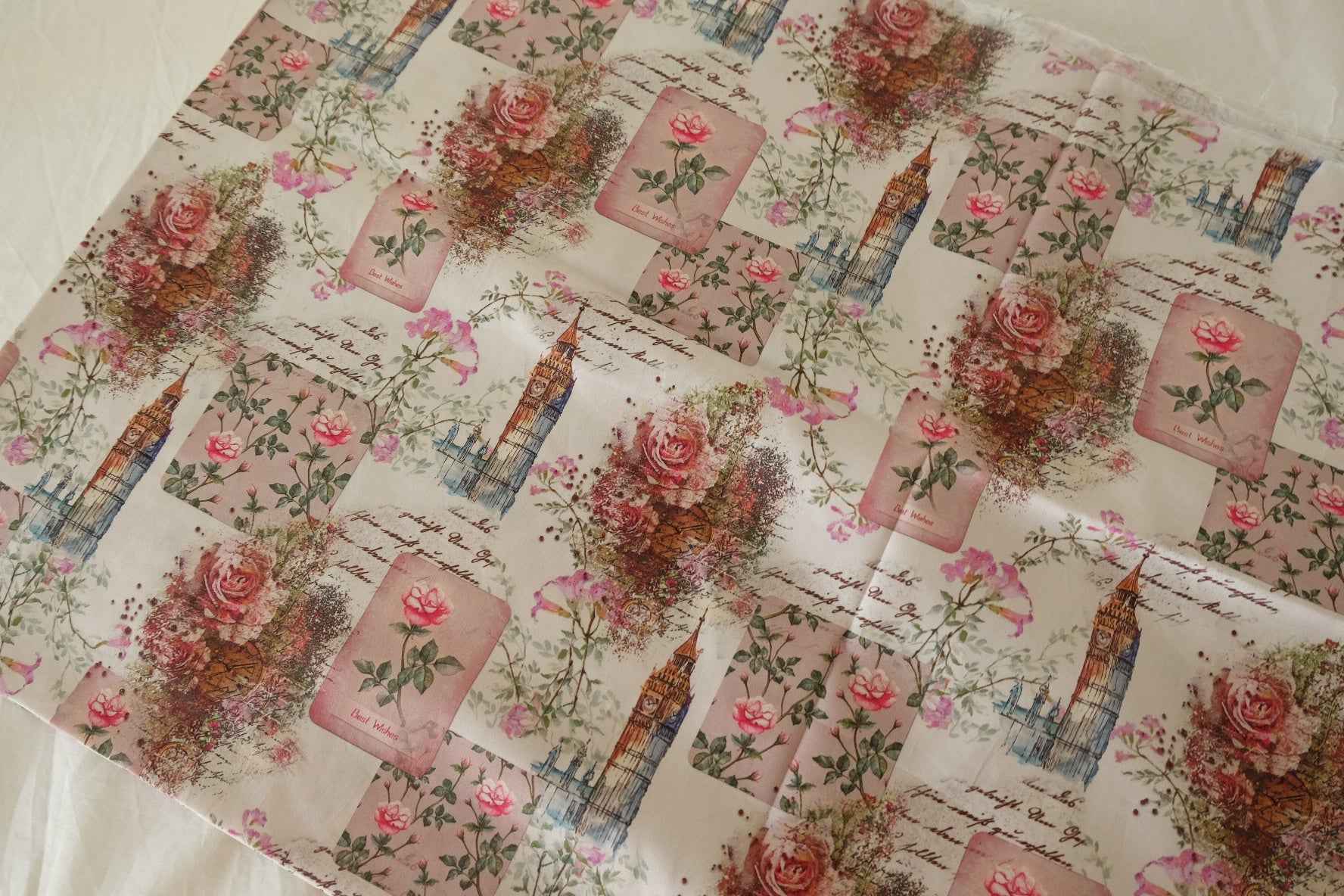 60s Cotton Sateen Printed Fabric – 1 Yard Vintage Floral & City Postcard Design