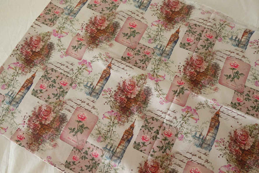60s Cotton Sateen Printed Fabric – 1 Yard Vintage Floral & City Postcard Design