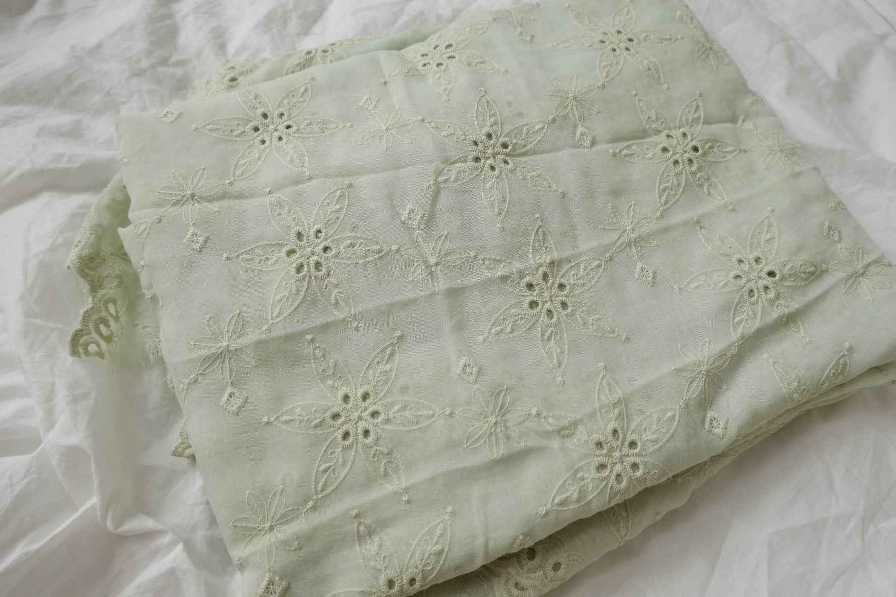 Embroidered Tencel Linen Fabric with Eyelet Lace Edge, Airy Dress Weight, 2.62 Yards