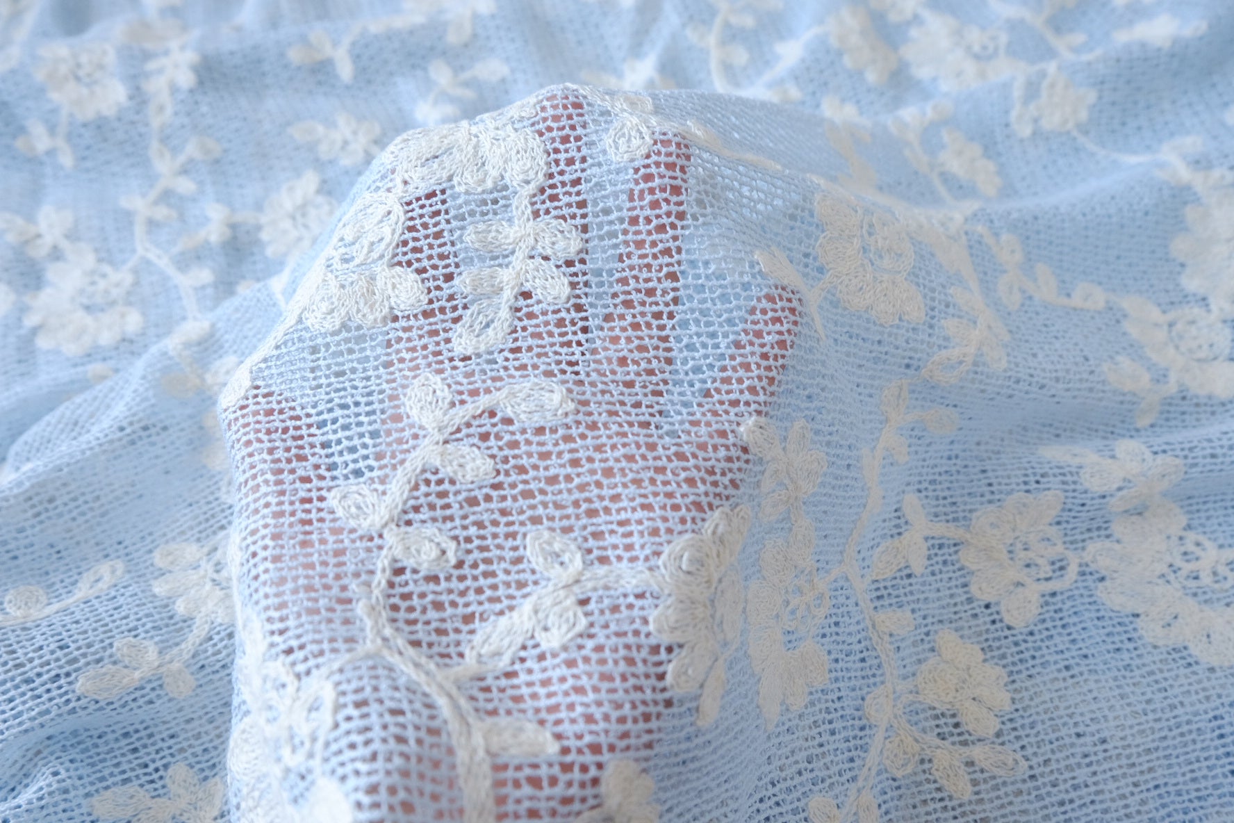 Powder Blue Embroidered Mesh Lace Fabric - 2.19 yd