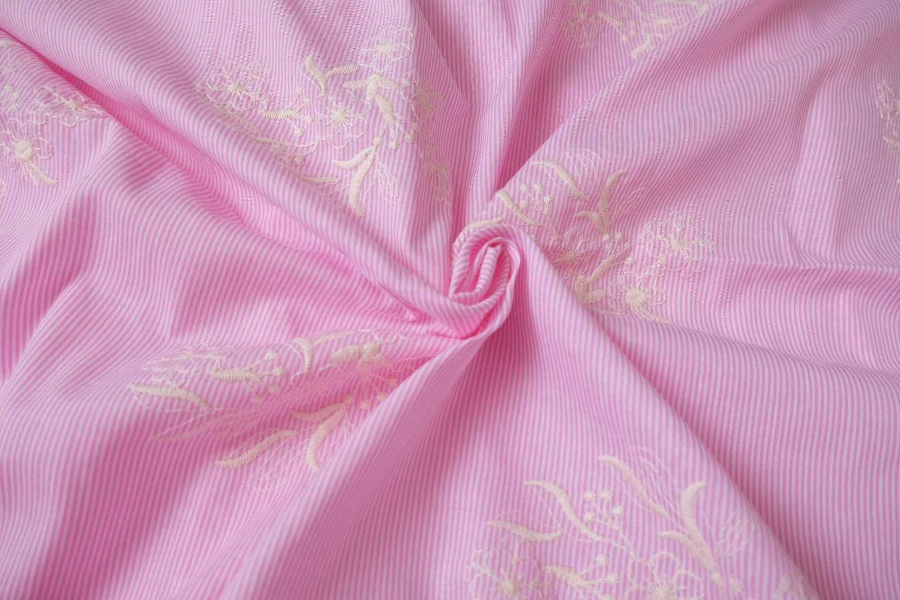 Pink Yarn-Dyed Stripe Embroidered Cotton Fabric, Fresh Shirting Weight, 3.28 Yards