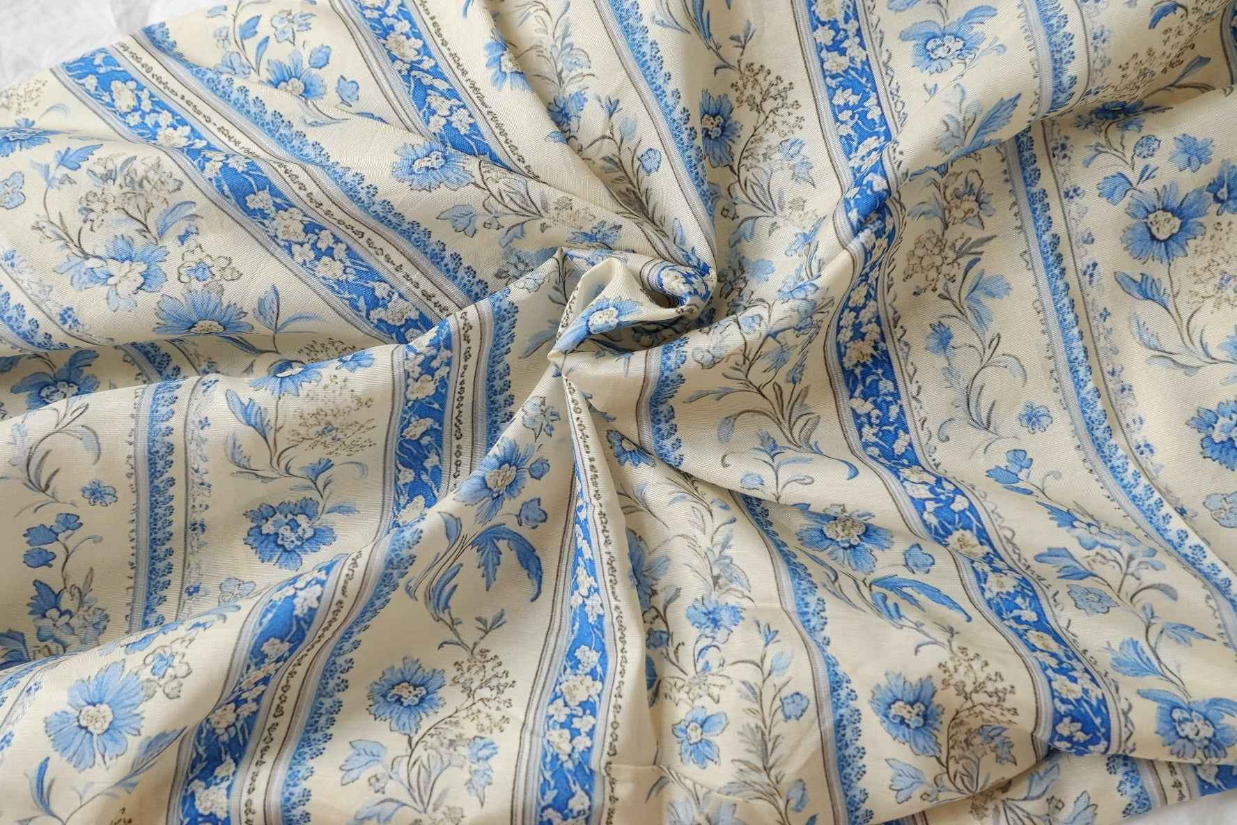 Porcelain Blue Floral Stripe Rayon Linen Fabric, Soft Airy Summer Weight, 2.41 Yards