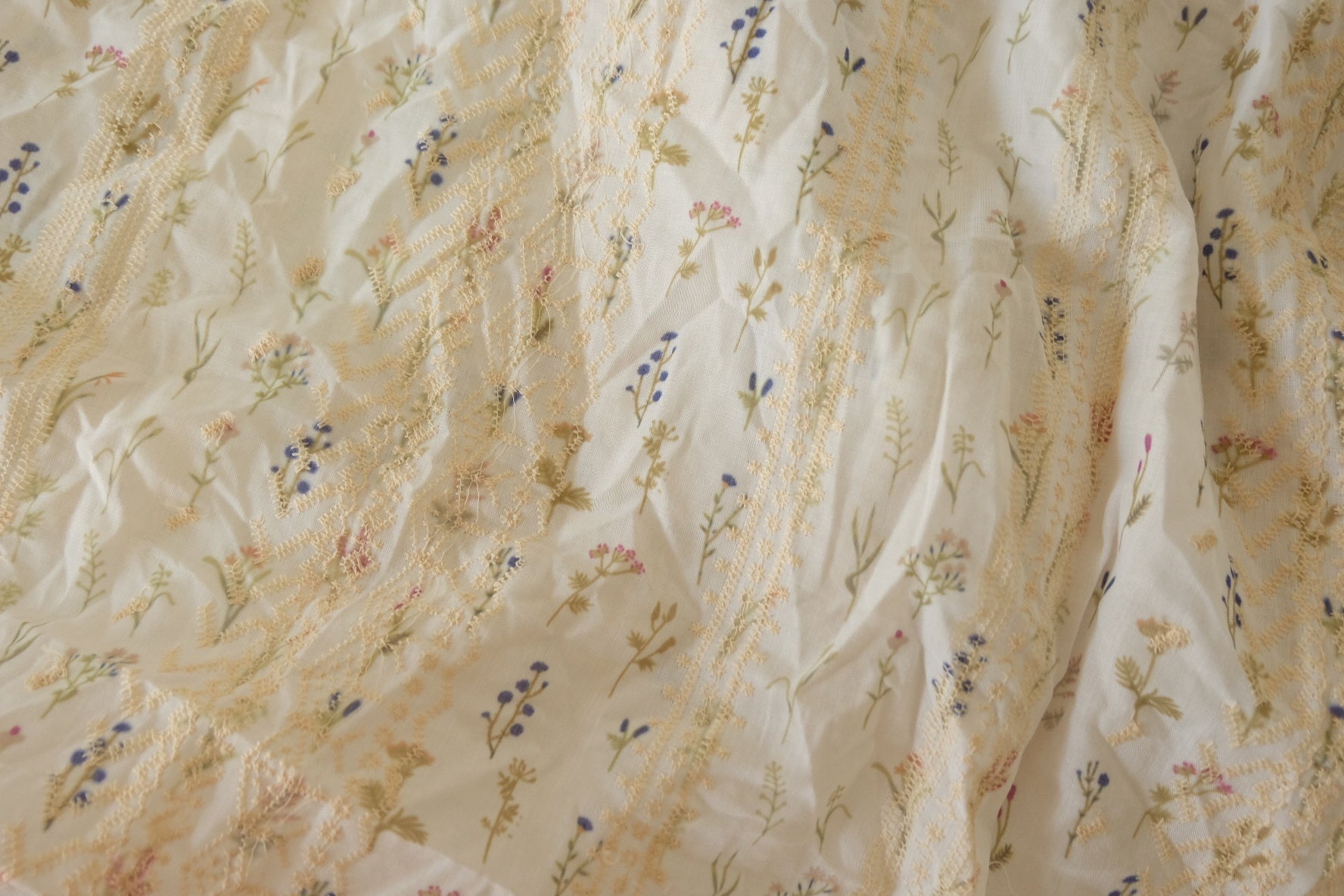 Floral Embroidered Cotton Linen Fabric – Cream with Lace Stripe Detail – 2.2 yd