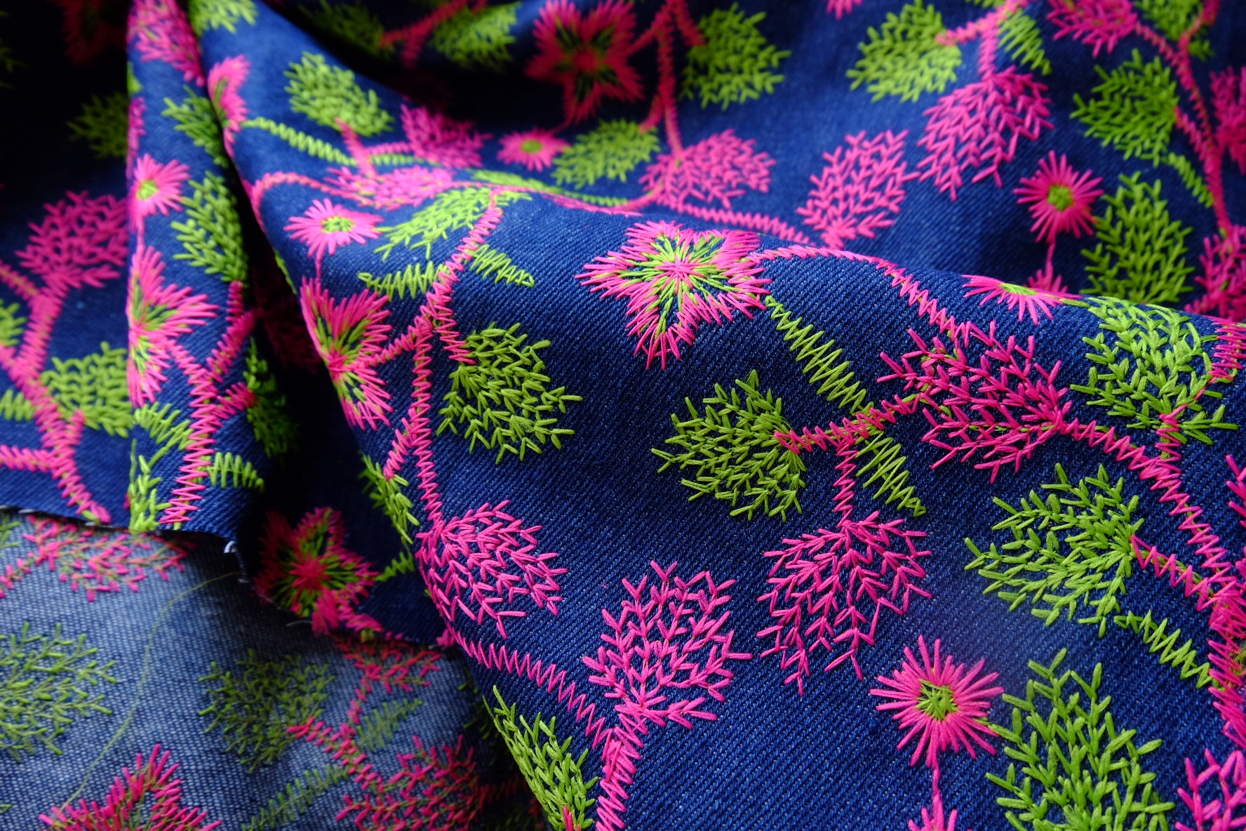 Pink & Green Floral Embroidered Cotton Denim Fabric - Sold by 0.55 yd