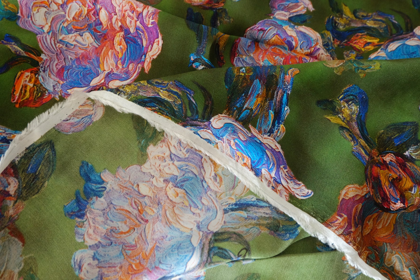 Artistic Watercolor Floral Rayon Fabric – Deep Green – 3.3 yd