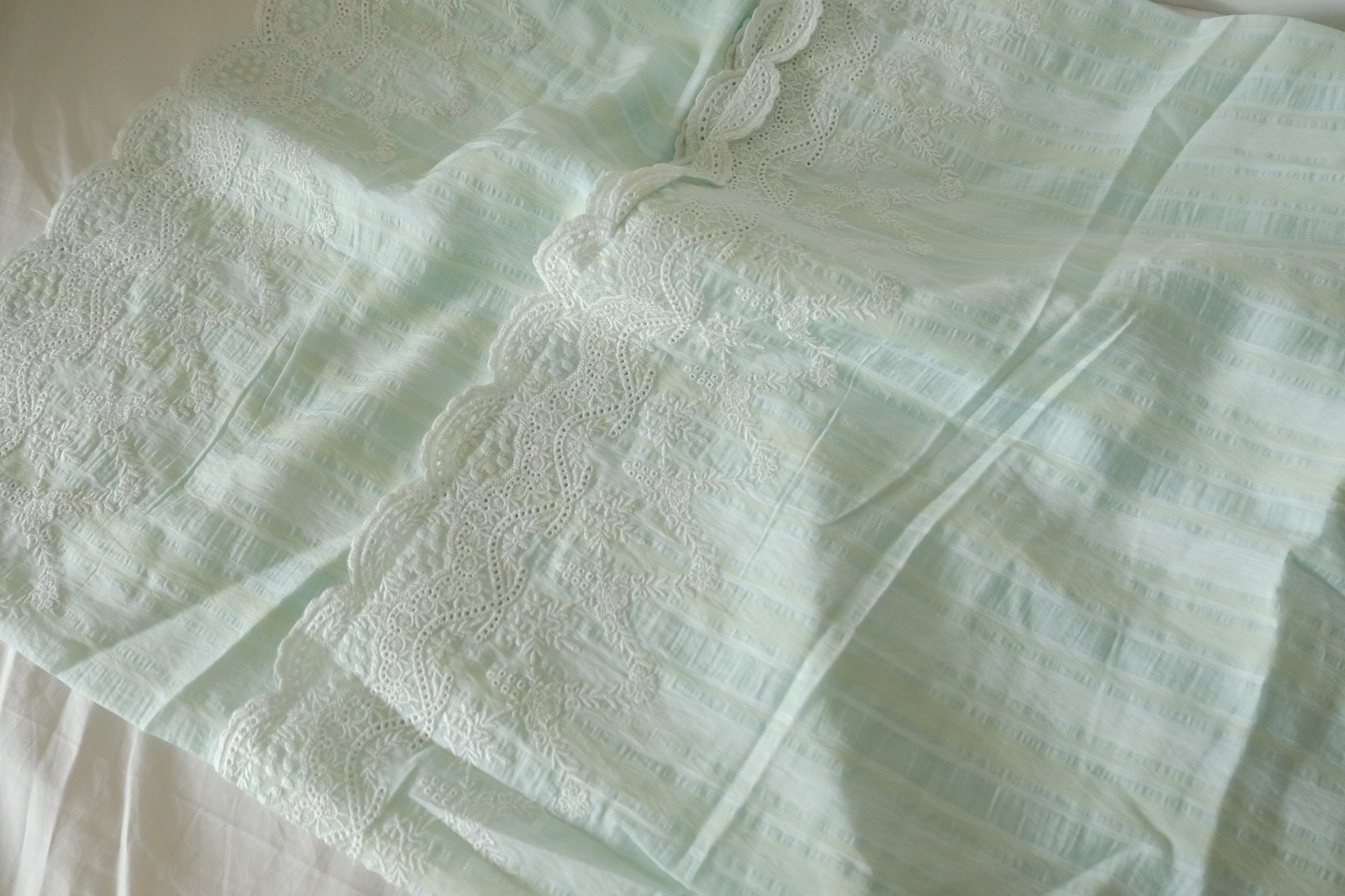 Mint Textured Cotton Blend with Double Embroidered Borders – 2.19 yd