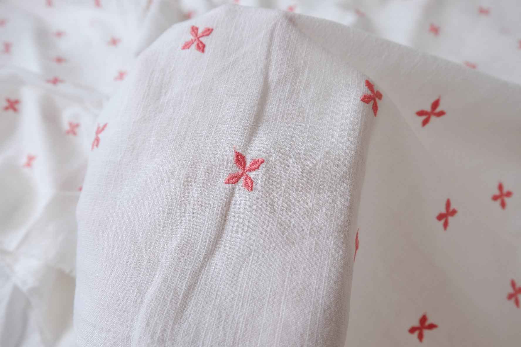 Soft White Slub Cotton Linen Embroidered Fabric, Pink Floral Sprigs, 2.19 Yards