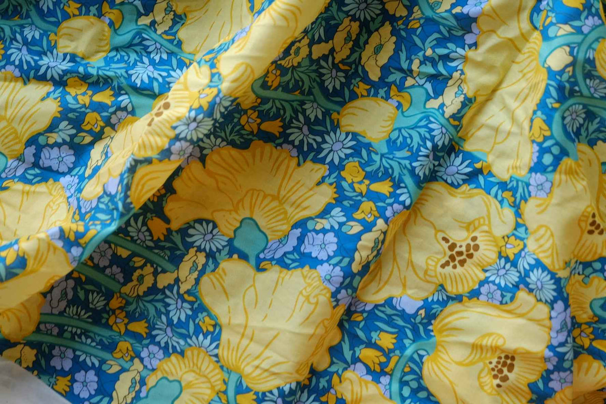 Yellow Poppies on Blue Cotton Lawn – 1.64 yd