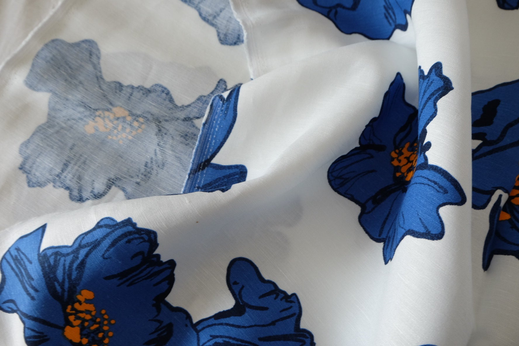 Designer Linen Cotton Blend Fabric – Blue Floral Print – 2.2 yd