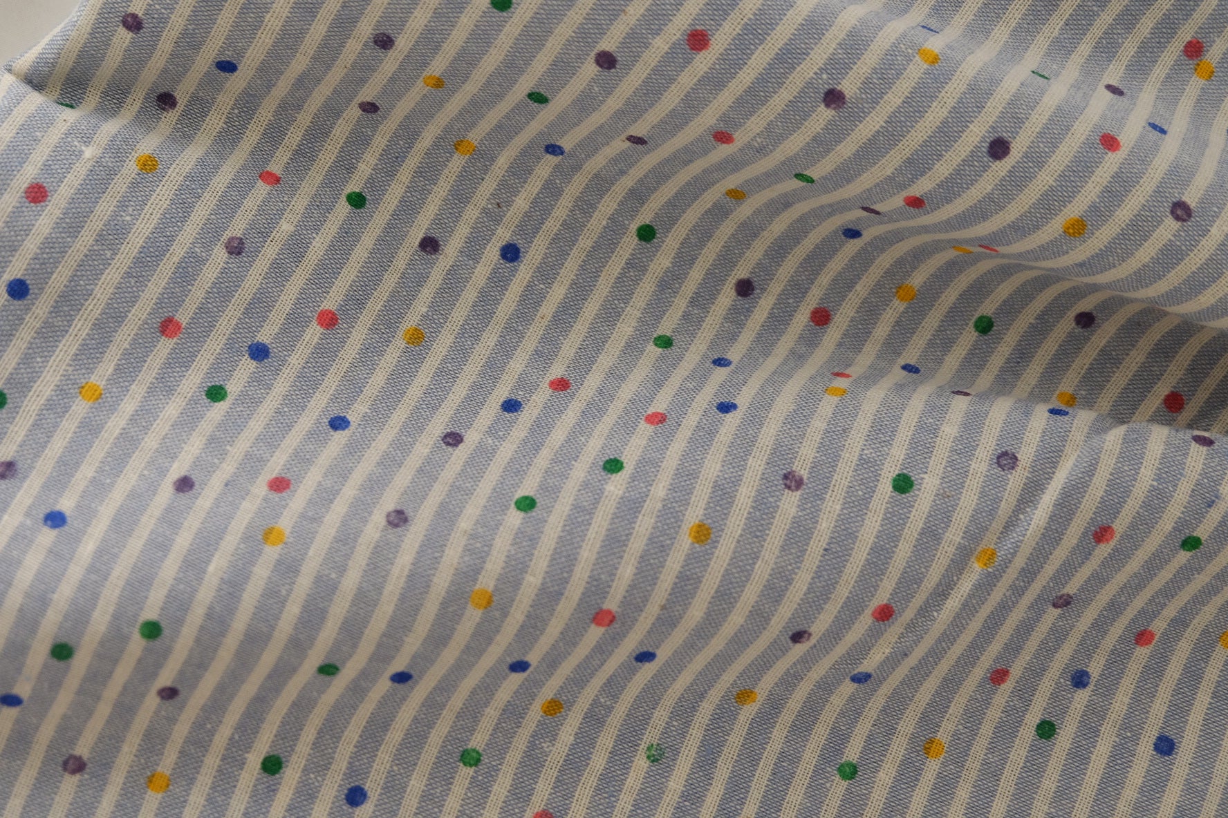Sky Blue Striped Cotton-Linen with Confetti Dots – 2.2 yd