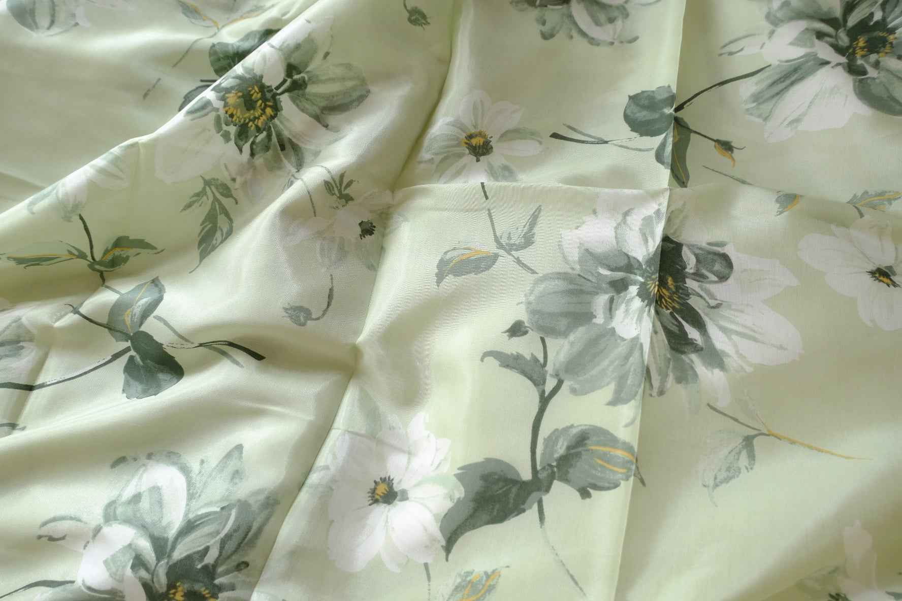 Soft Green Floral Tencel Satin Fabric, Lightweight Drapey Dress Weight, 2.19 Yards