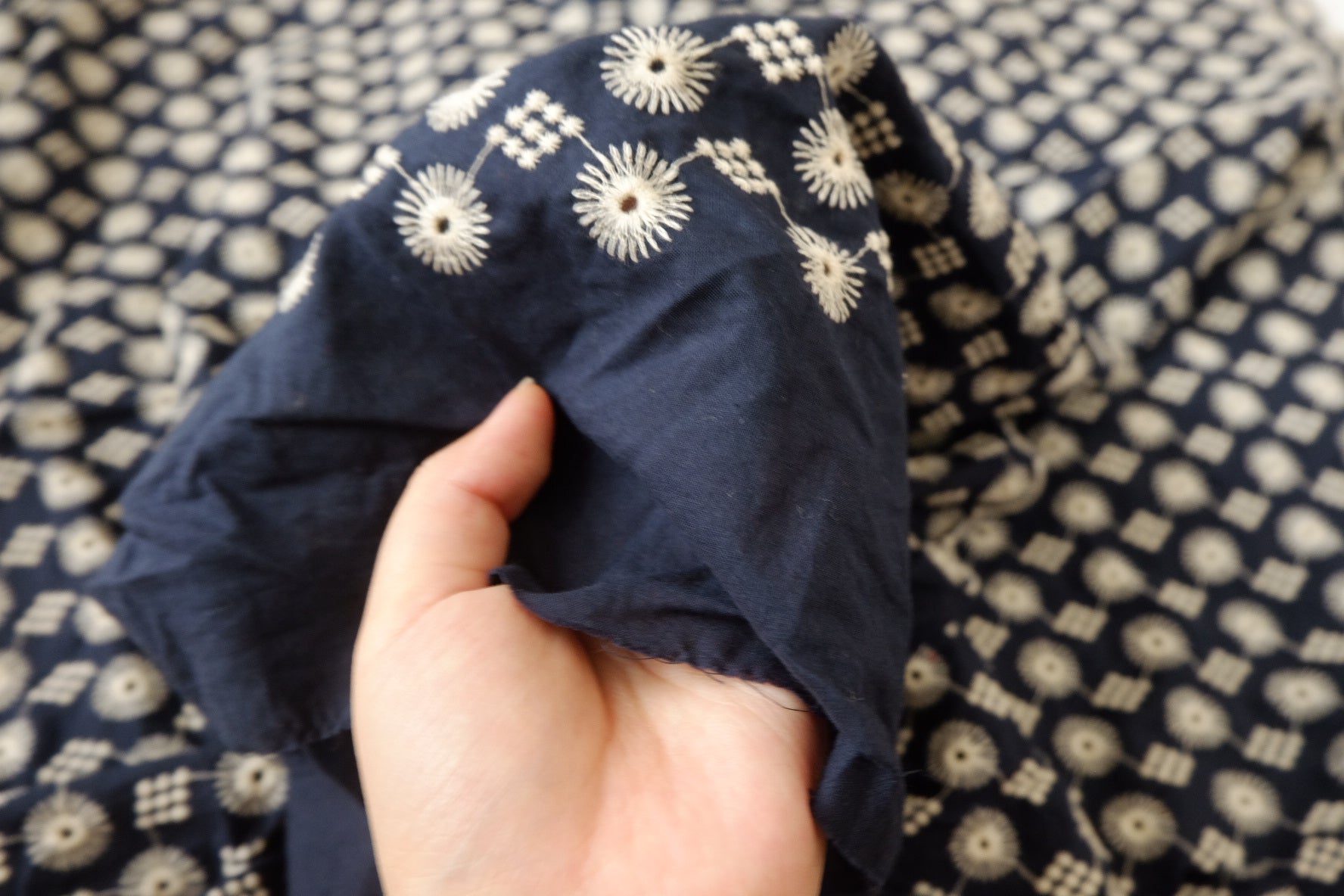 Navy Embroidered Cotton Poplin Fabric, 1.53 Yards