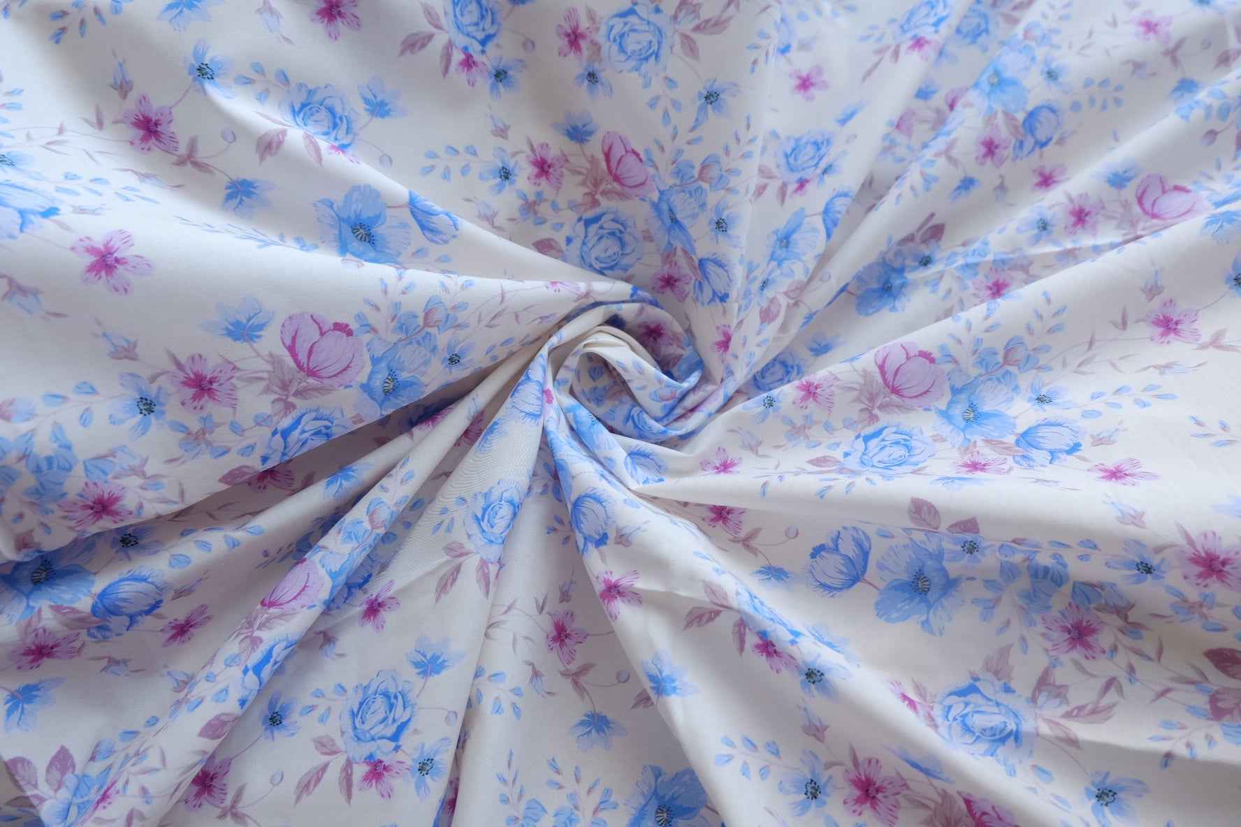 Blue Pink Floral Silky Cotton Lawn Fabric - 2.52 yd