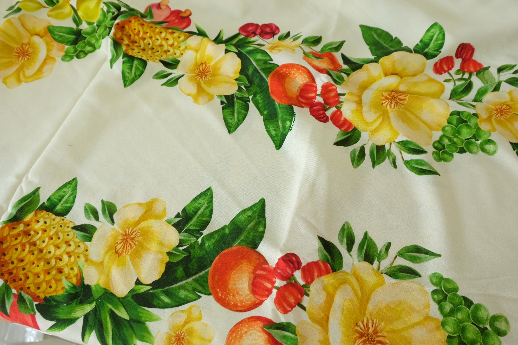 Farm Rio Style Linen Cotton Fabric – Tropical Fruit Floral Placement Print (1.8 yd, 1.45m Width)