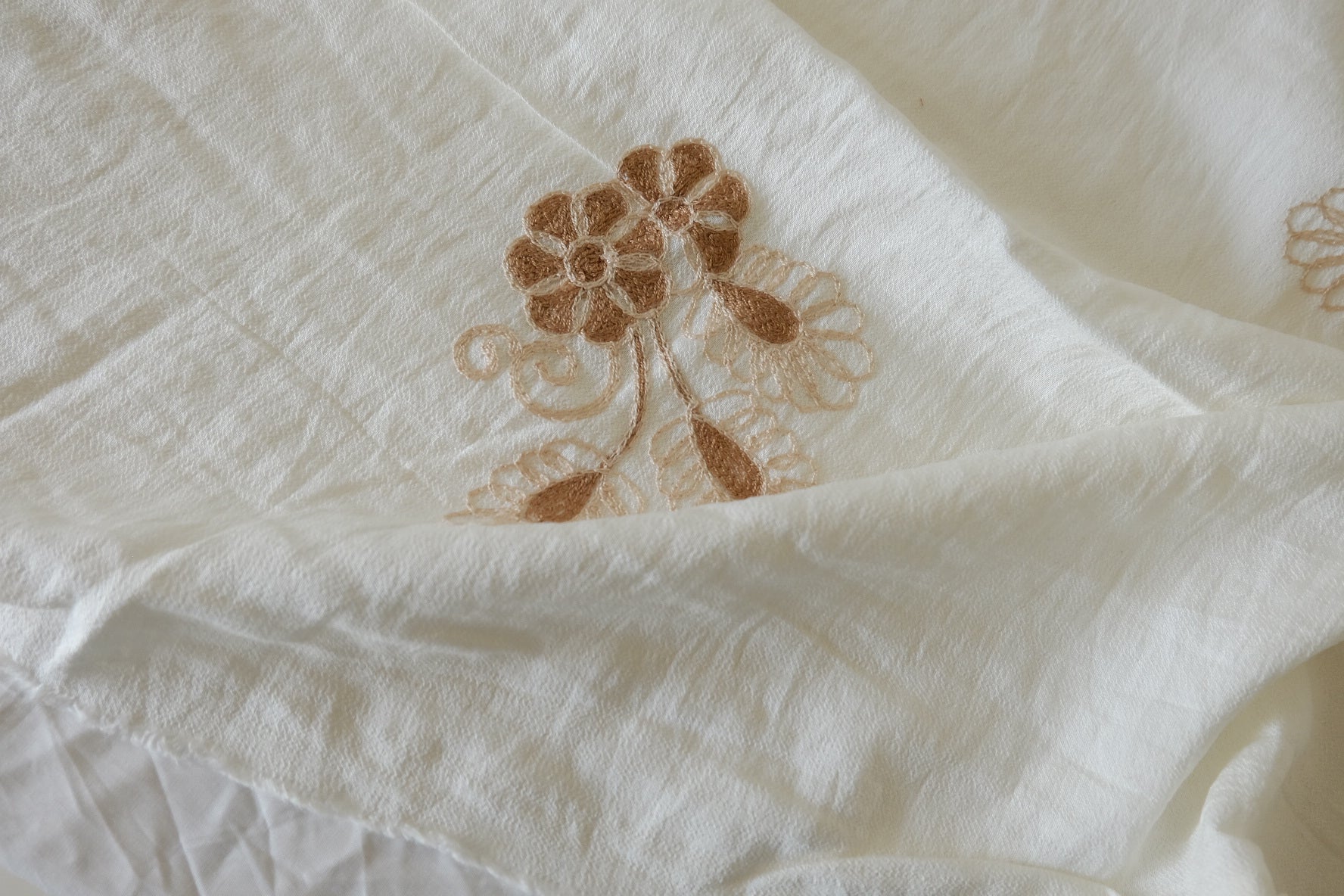 Ivory Floral Embroidered Tencel Nylon Fabric, 3.28 Yards