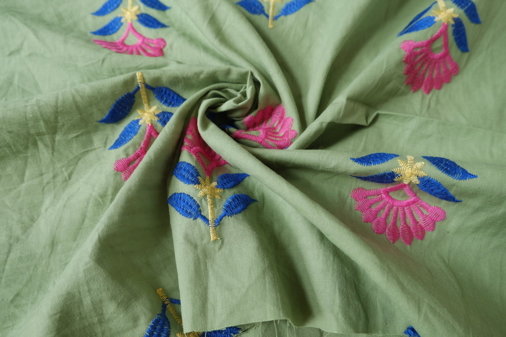 Sage Green Embroidered Cotton Fabric - 2.2 yd