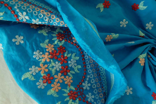 Double-Sided Floral Embroidered Cotton Fabric – Soft Blue Base – 1.9 yd Cut