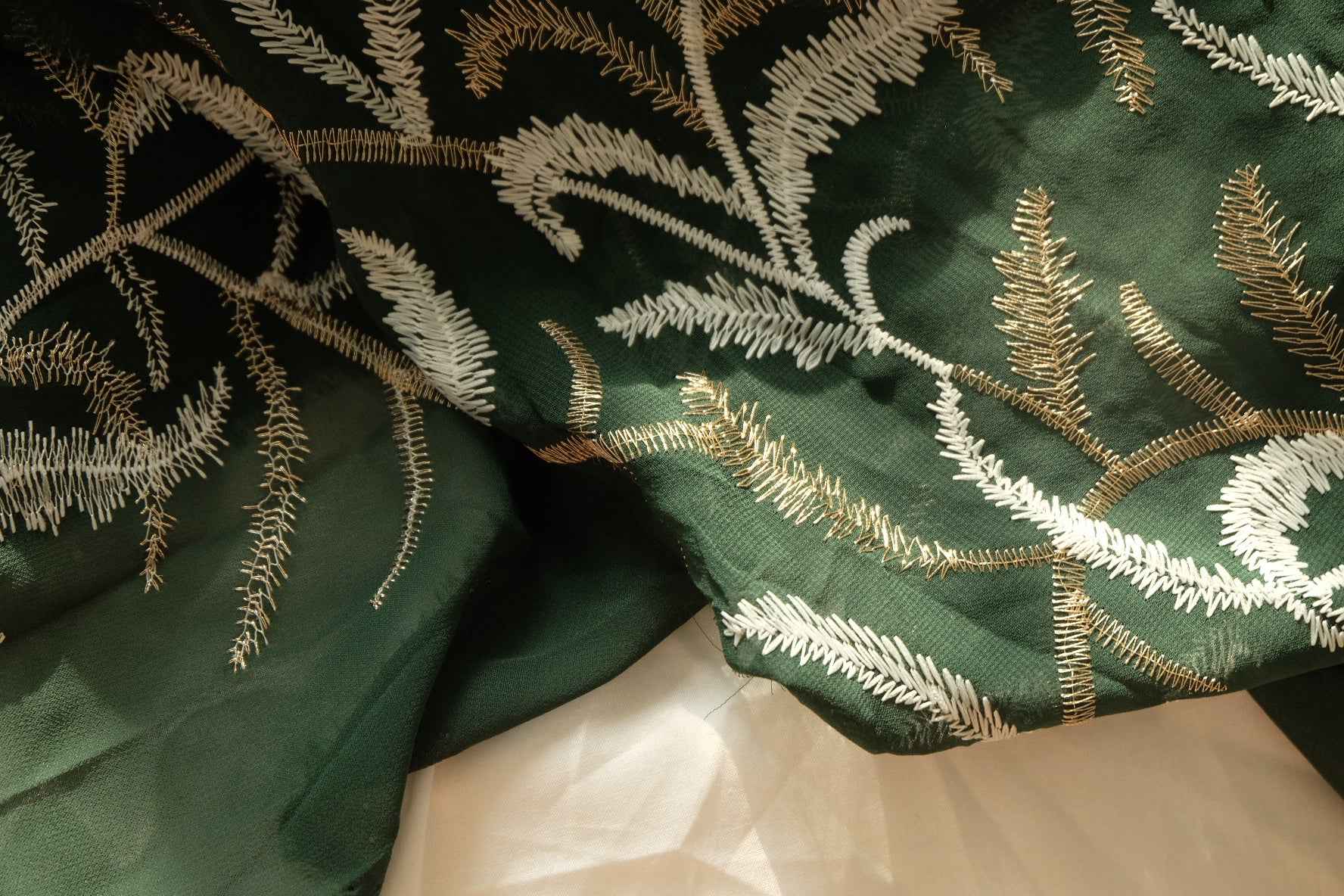 Emerald Green Embroidered Mesh Fabric with Gold Thread, 2.73 Yards