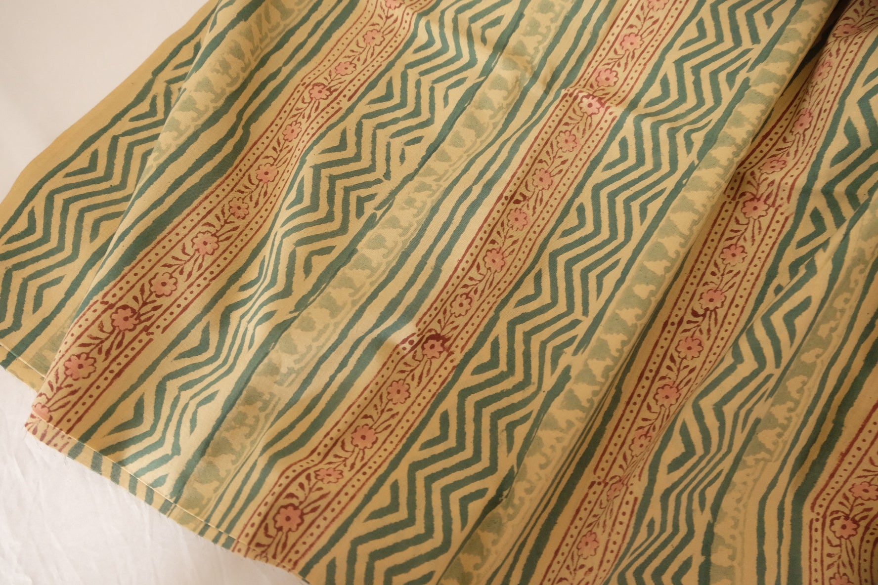 Traditional Indian Hand Block Printed Cotton Fabric – Green Geometric Stripe Pattern – Sold by the Meter