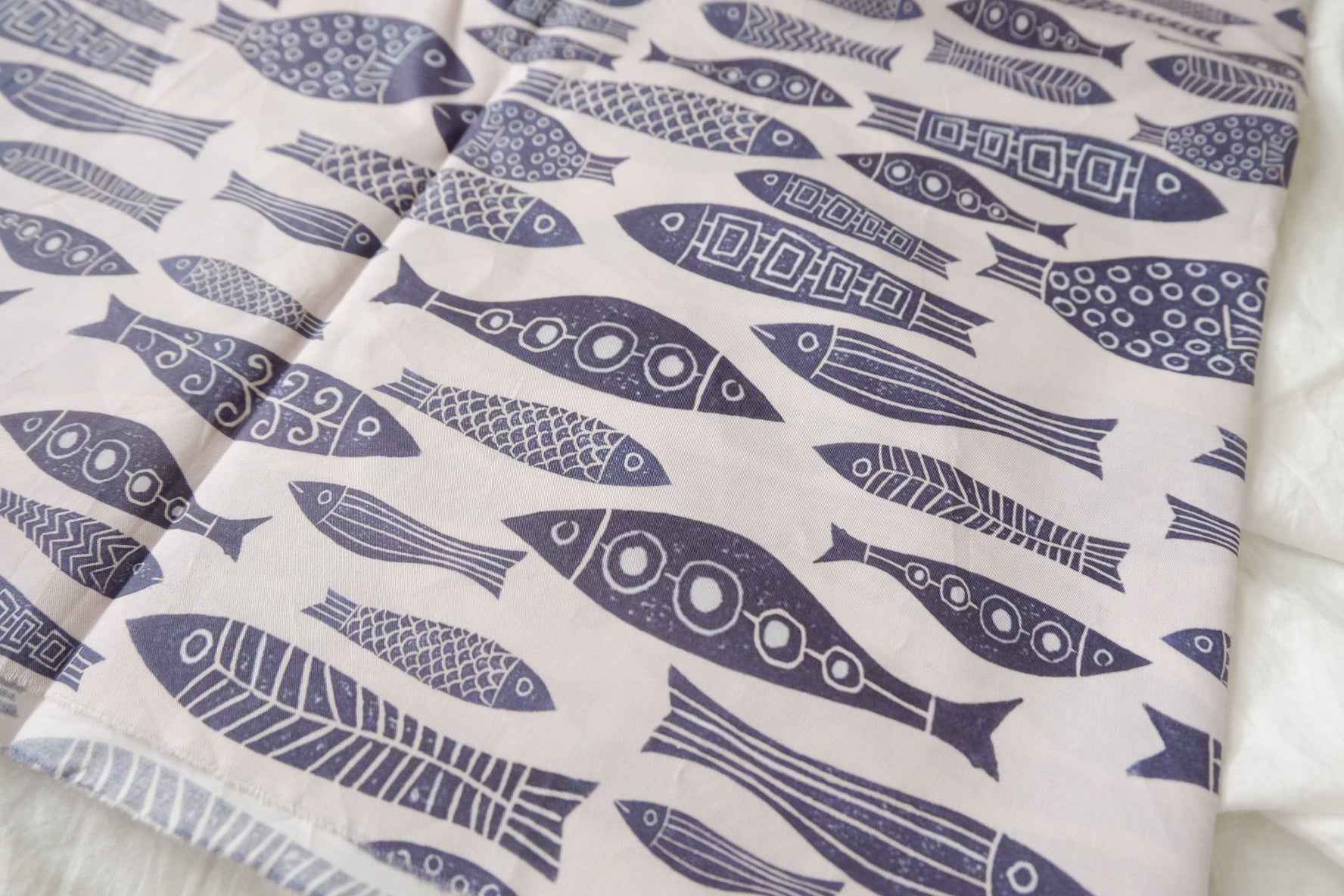 Navy Fish Print Dense Cotton Twill — 2.19 yd Piece