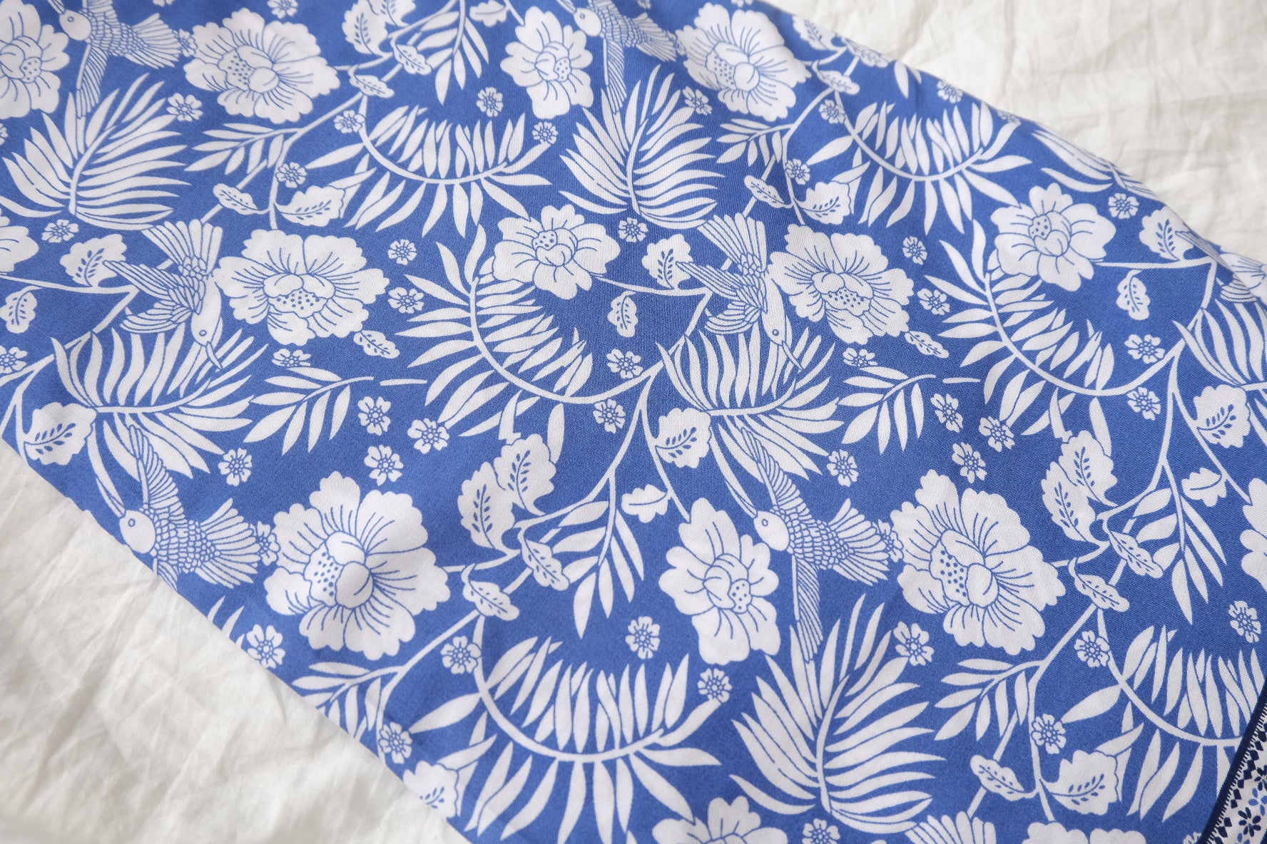 Double Border Bird & Floral Rayon Fabric in Blue and White, 3.3 Yards