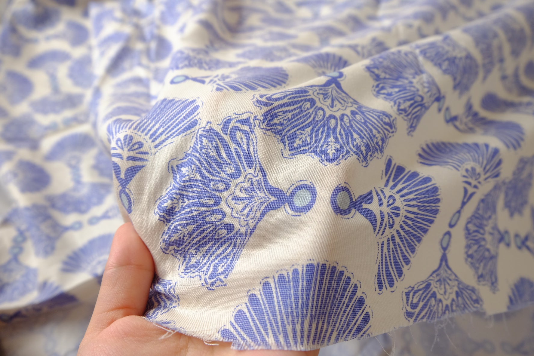 Blue Fan Motif Cotton Twill Sample Fabric - 1.53 yd