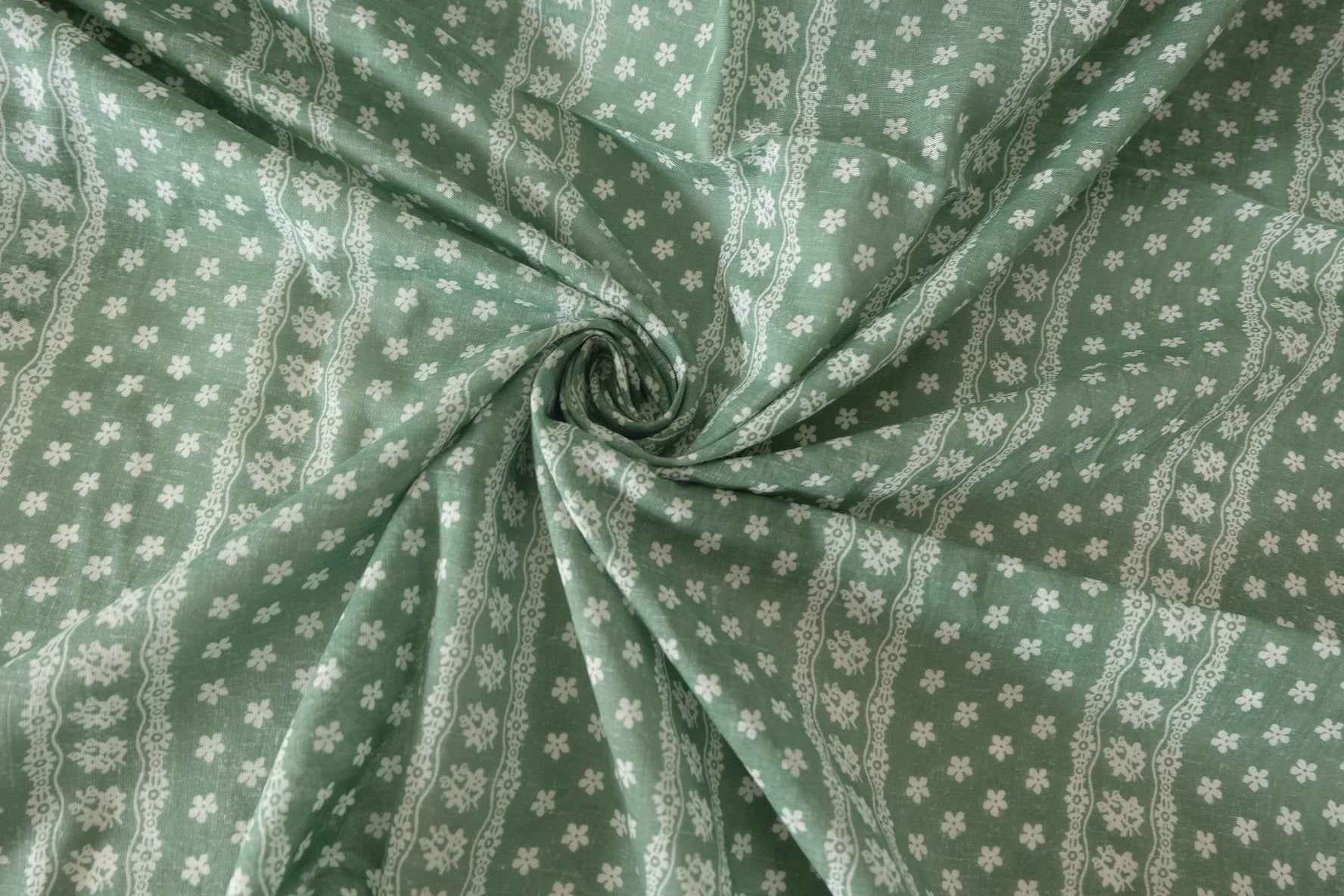 Sage Green Floral Stripe Cotton Voile Fabric – 3.8 Yards