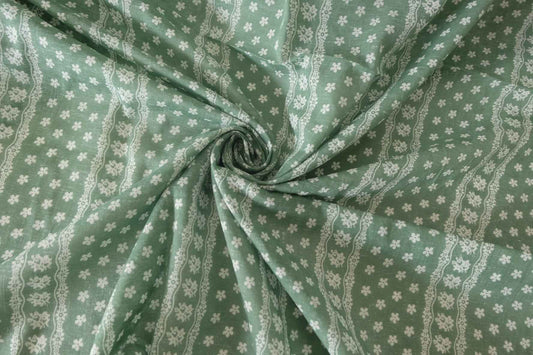 Sage Green Floral Stripe Cotton Voile Fabric – 3.8 Yards