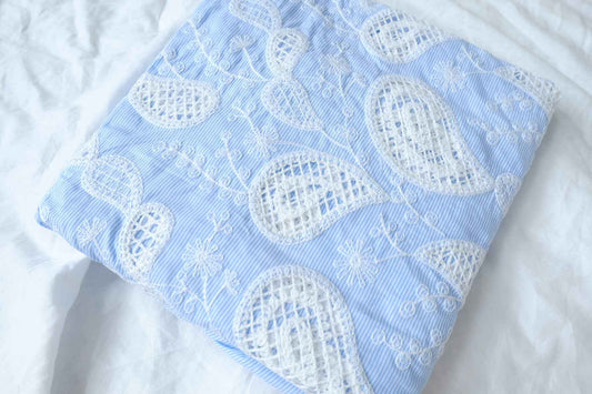 Yarn-Dyed Striped Cotton with Cutwork Embroidery, Blue and White, 2.08 Yards