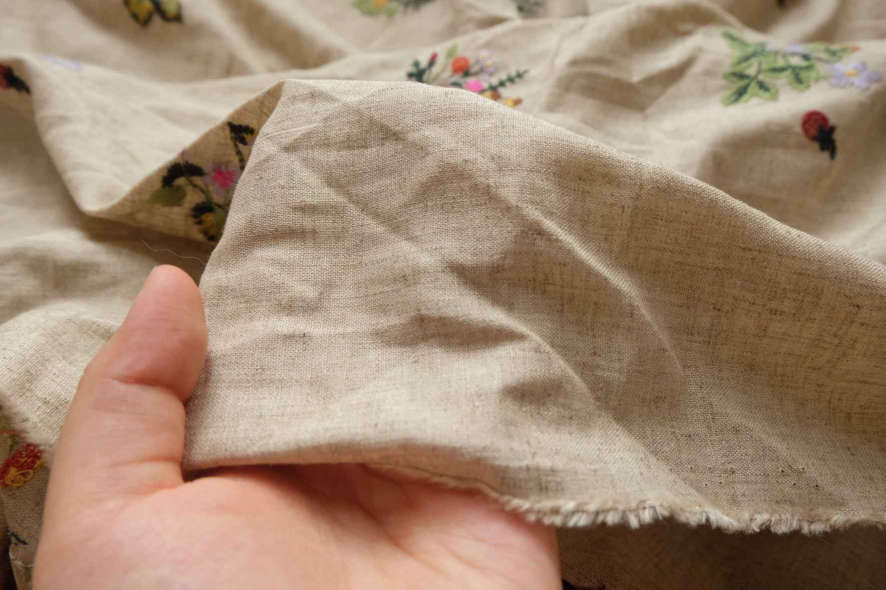 Embroidered Linen Rayon Blend Fabric, Pastoral Wildflower Motifs , 1.64 Yards