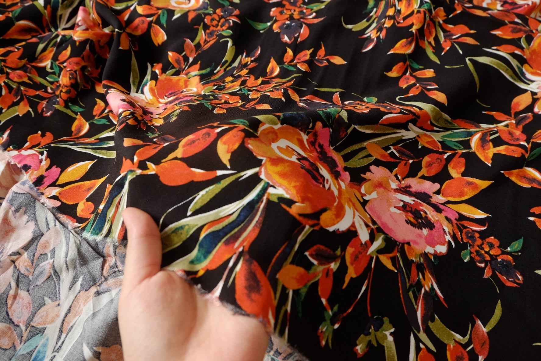 Black Tropical Floral Rayon Challis Fabric - 3.28 yd