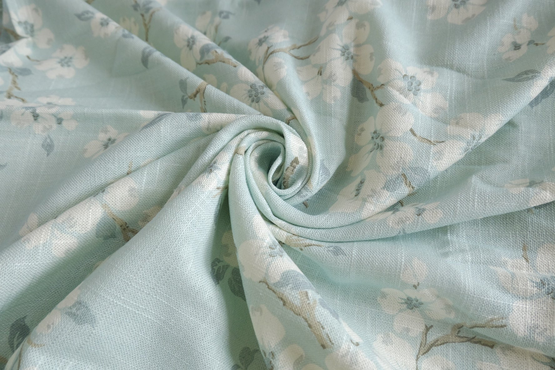 Pale Blue Floral Heavyweight Linen Fabric - 1.64 yd