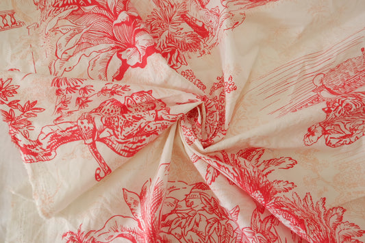 Vintage Red Toile Cotton Poplin Fabric – 60s Cotton Print – 1 yd