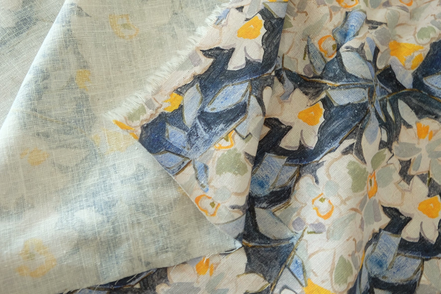 Watercolor Floral Pure Linen Fabric – Blue & Cream Botanical Print – 2.19 yd