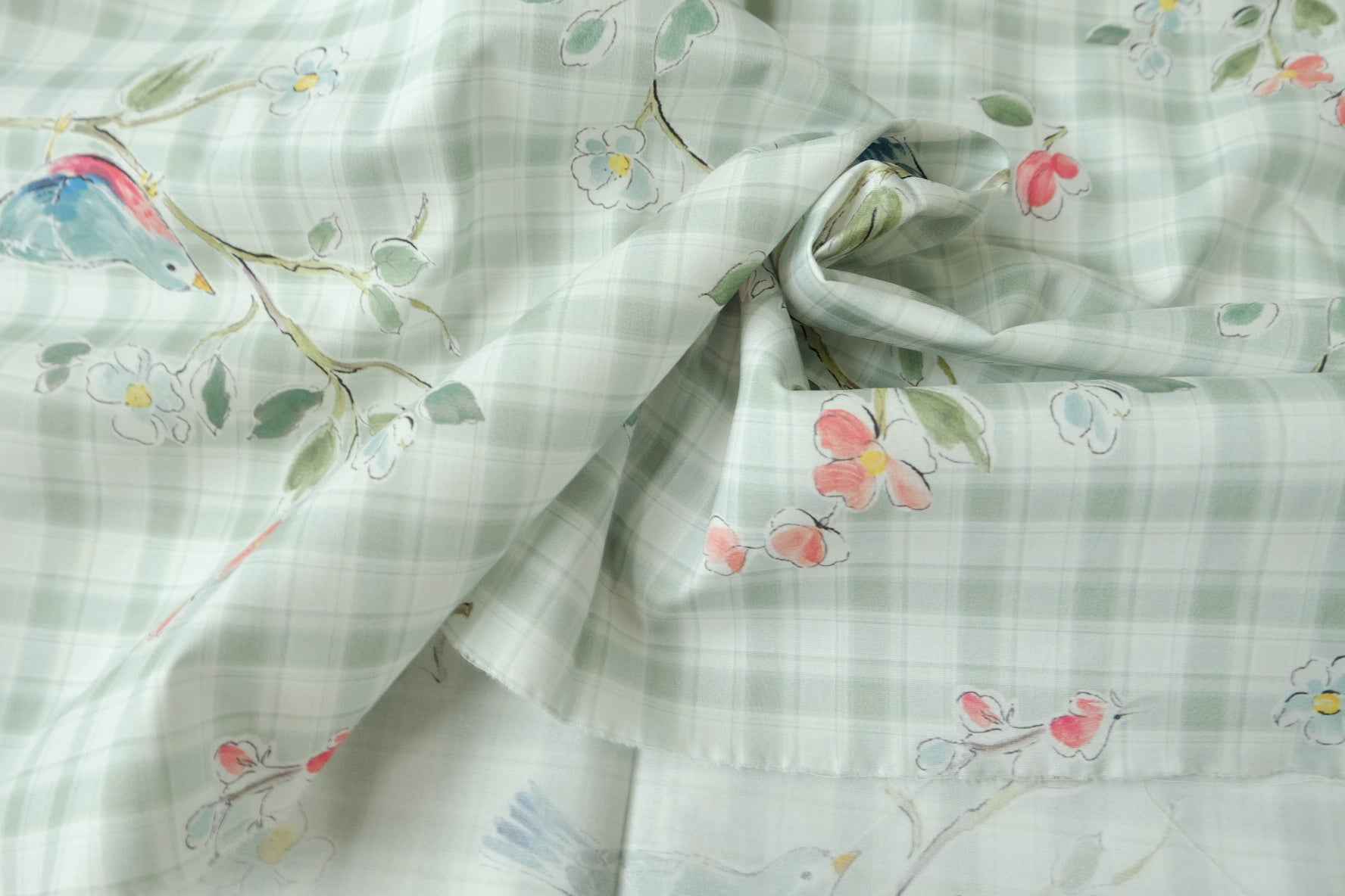 Sage Plaid Bird Floral Cotton Poplin Fabric, Lightweight Smooth Cotton, 3.28 Yards